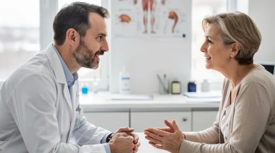 Chirurgien orthopédiste en consultation avec une patiente dans un cabinet médical lumineux