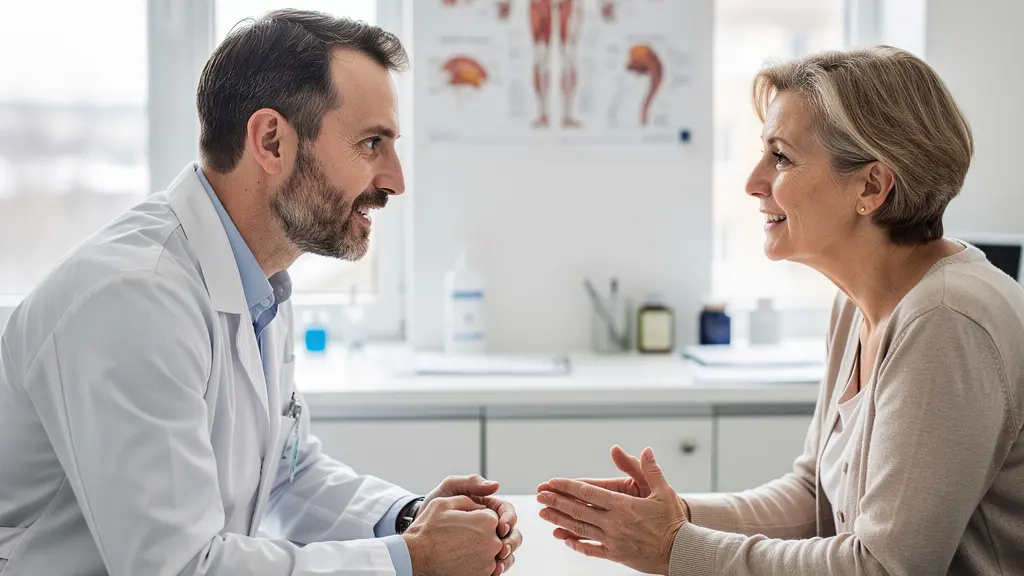 Chirurgien orthopédiste en consultation avec une patiente dans un cabinet médical lumineux