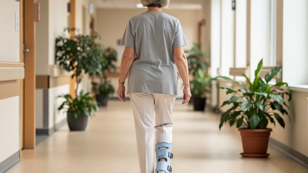 Patiente marchant dans un couloir de clinique moderne pendant sa récupération post-opératoire