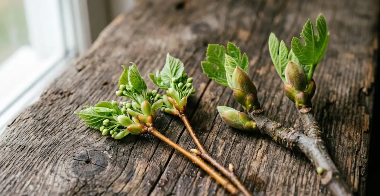 Bourgeons frais de tilleul et de figuier disposés sur une surface naturelle, illustrant les matières premières de la gemmothérapie anti-stress