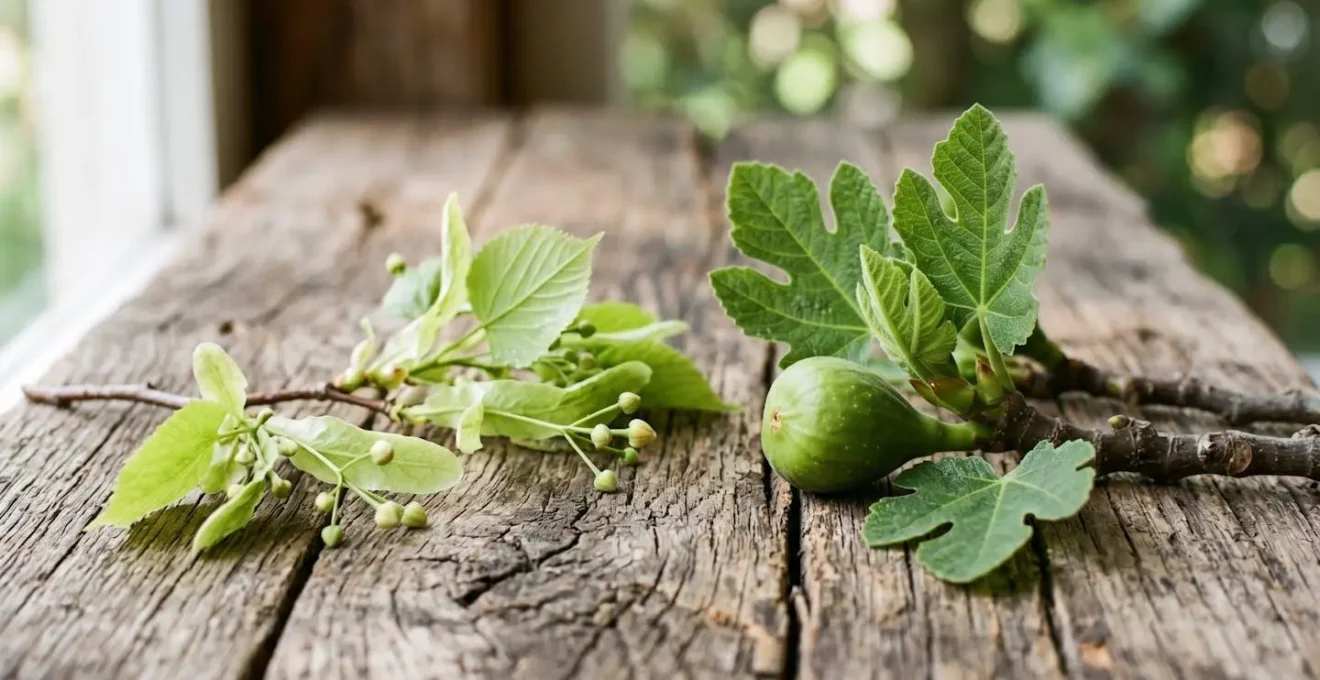 Bourgeons frais de tilleul et de figuier disposés sur une surface naturelle, illustrant les matières premières de la gemmothérapie anti-stress