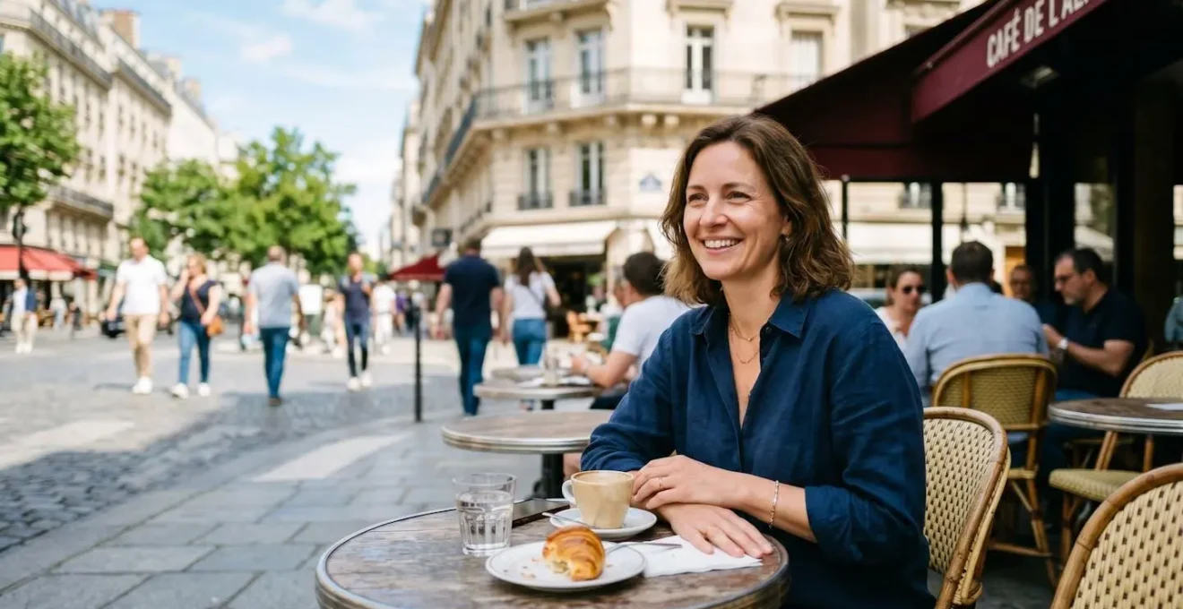 Femme d'une quarantaine d'années assise à une terrasse parisienne ensoleillée, sourire naturel, mains posées sur la table sans cigarette ni téléphone