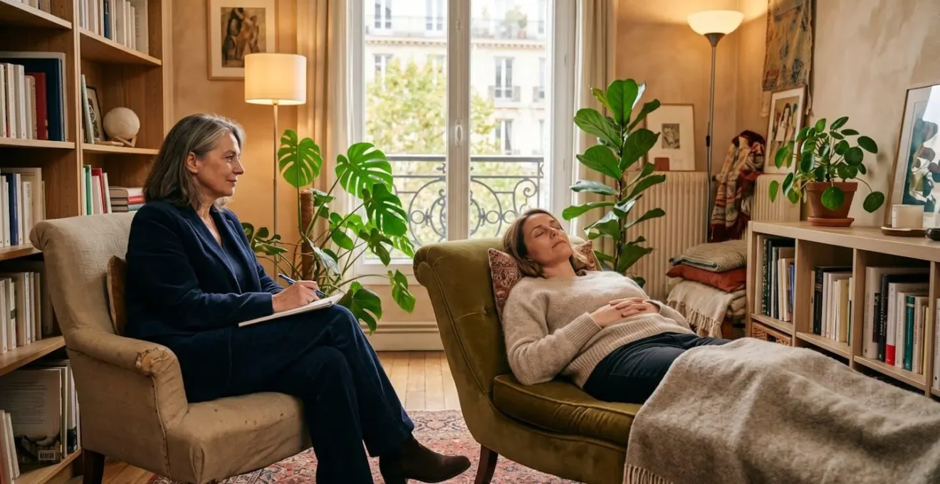 Patient allongé dans un cabinet parisien, yeux fermés, expression détendue, lumière douce et chaleureuse, praticien assis à côté en posture d'écoute